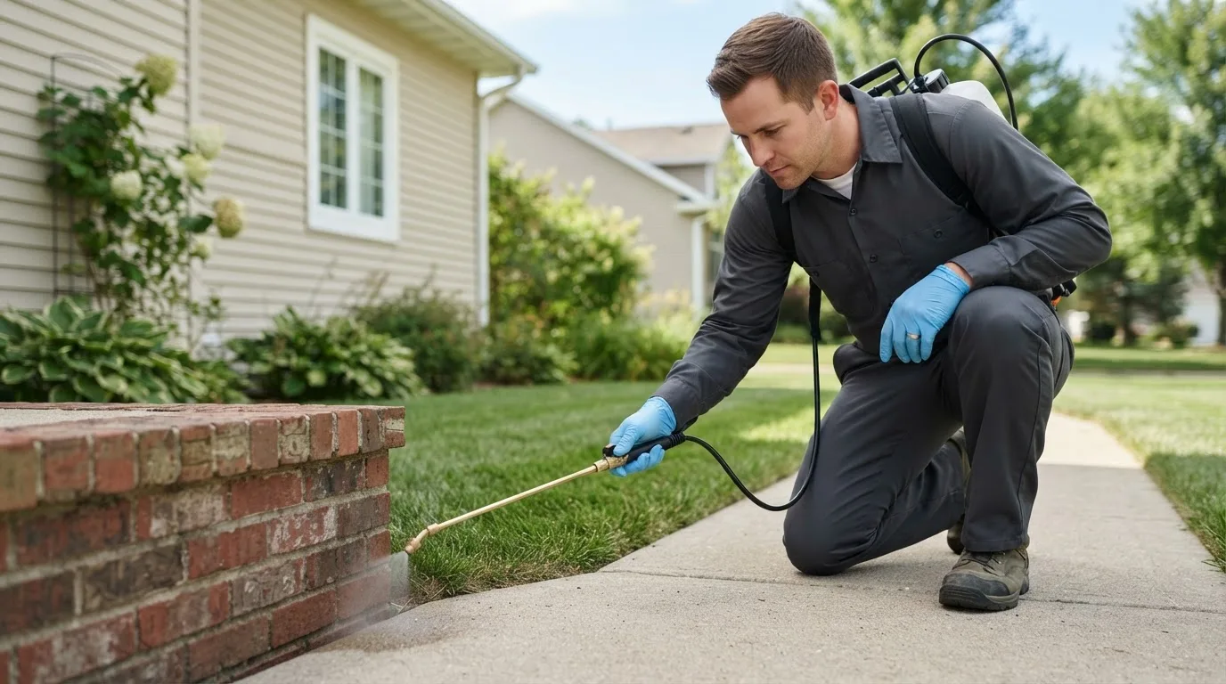 Pest control technician treating a home near Wymore, NE